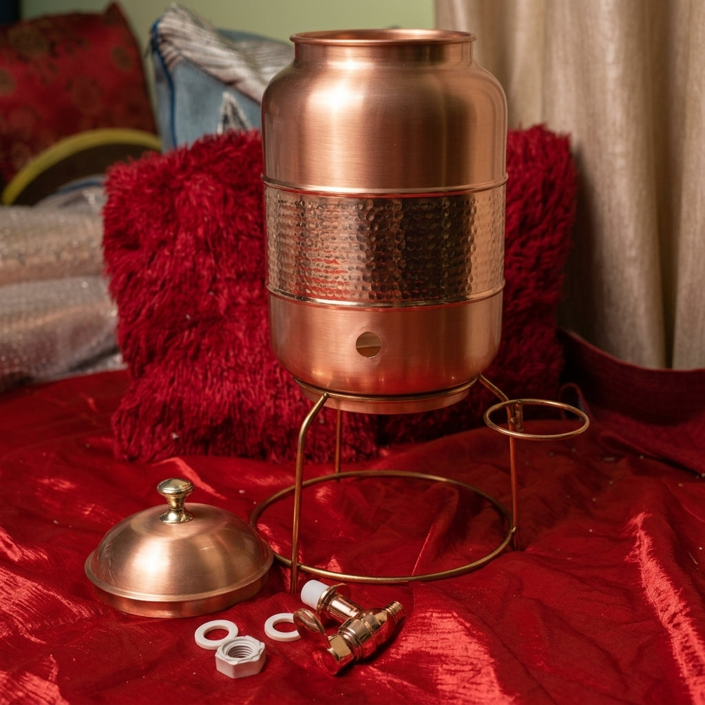 Pure Copper Hand Hammered Water Pitcher/dispensor with tap, & golden stand – 5 Litre