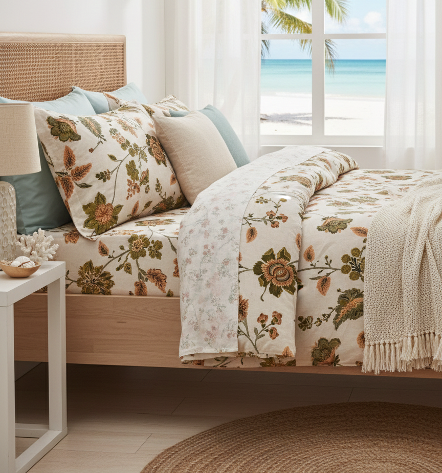Grace Floral King-Size Bedsheet Set with Olive & Maroon Motifs with 2 Pcs of Pillow Covers: “Classic Comfort, Floral Elegance”