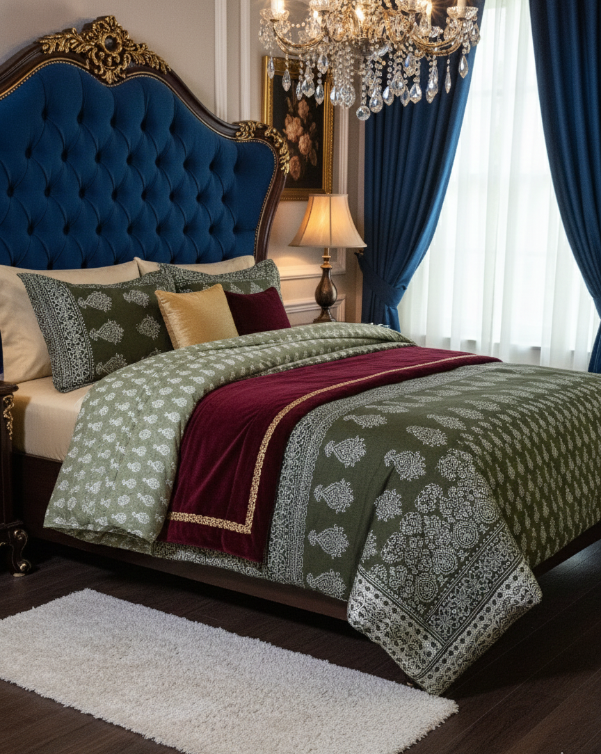 Regal Olive Handblock Inspired Cotton Bedsheet Set of King Size with 2 Pcs of Pillow Covers