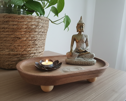 Wooden Meditation Incense Tray with Golden Buddha and Lotus bloom