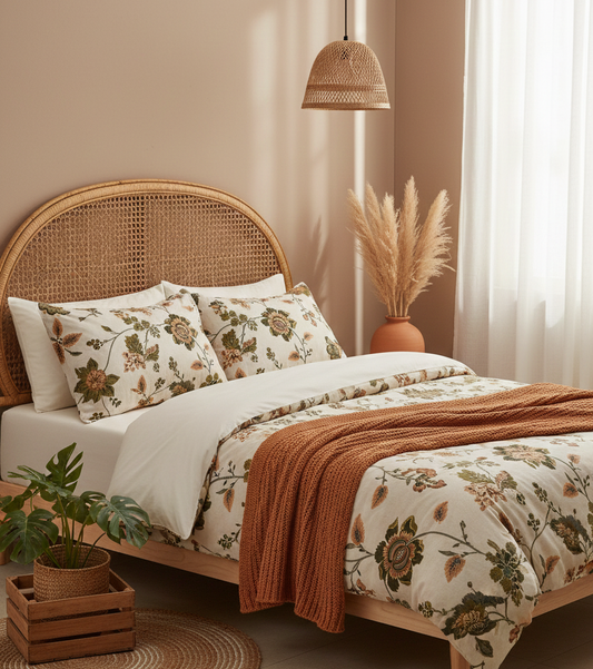 Grace Floral King-Size Bedsheet Set with Olive & Maroon Motifs with 2 Pcs of Pillow Covers: “Classic Comfort, Floral Elegance”