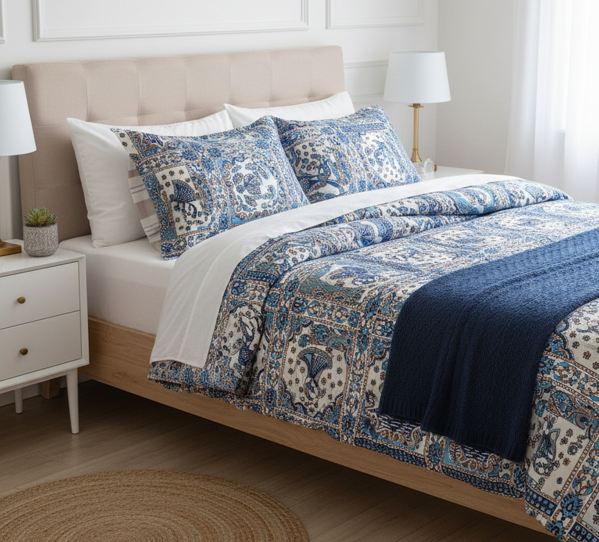 Rhythms of the Earth Handblock Printed Bedsheet with Dancing, Music & Elephant Motifs with 2 Pcs of pillow covers