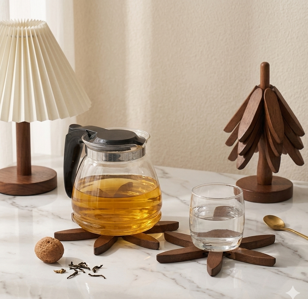 Walnut Wooden Tree Coaster Set with Stand