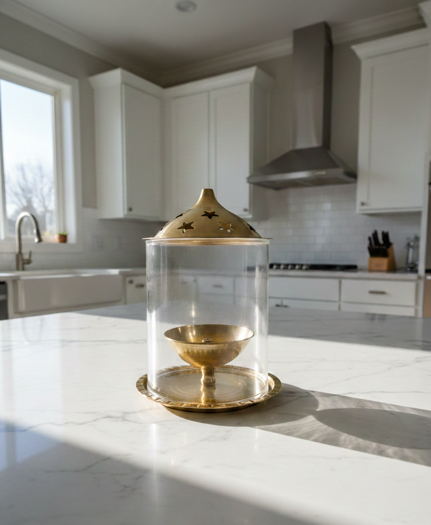 Brass Diya with Circular Glass Cover – Elegant Traditional Lamp