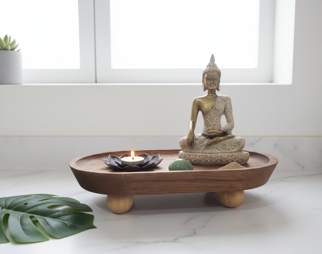 Wooden Meditation Incense Tray with Golden Buddha and Lotus bloom