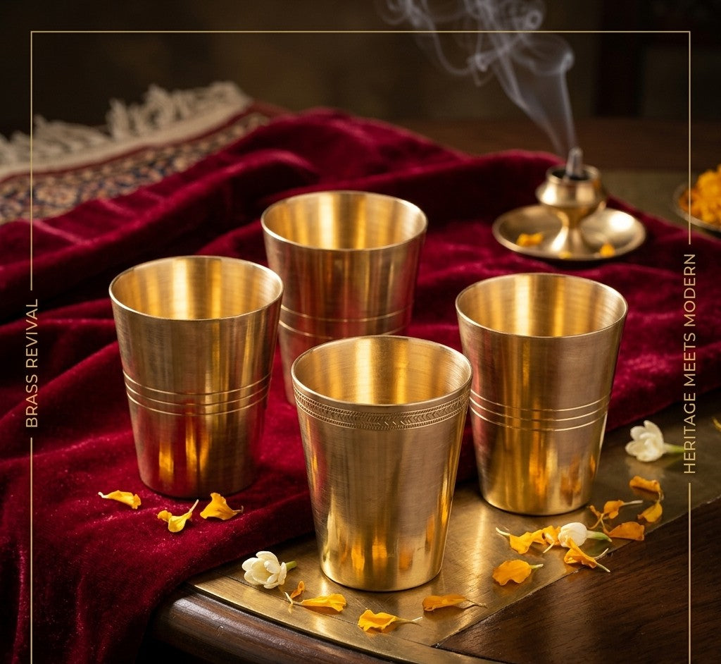 Small Brass Glasses with lining design-Set of 4