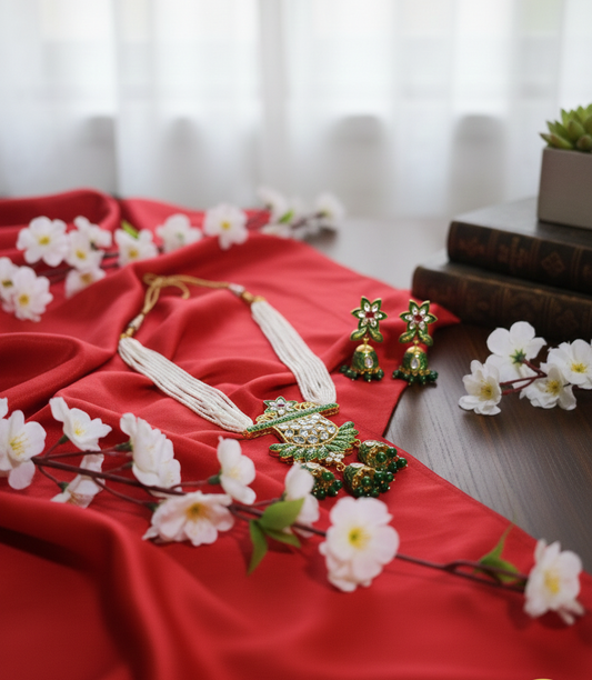 Green Kundan Meenakari & Pearl Long Necklace Set – HandcraftedJewelry