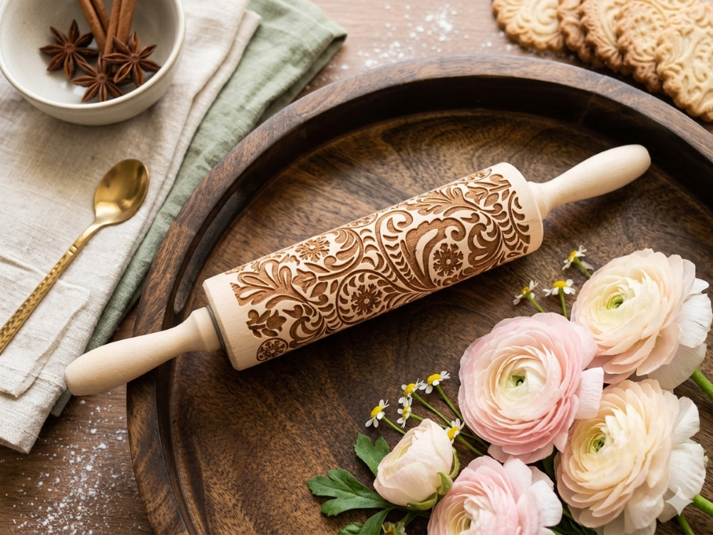 Wooden Embossed Rolling Pins – 3 Designs (Reindeer, Floral, Geometric)