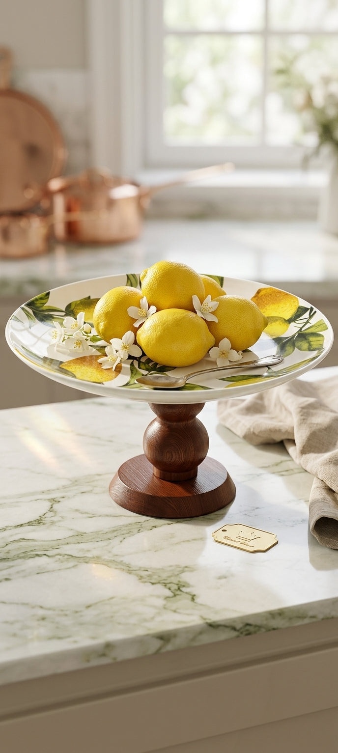 Lemon Grove Ceramic Plate & Bowl with Wooden Stand
