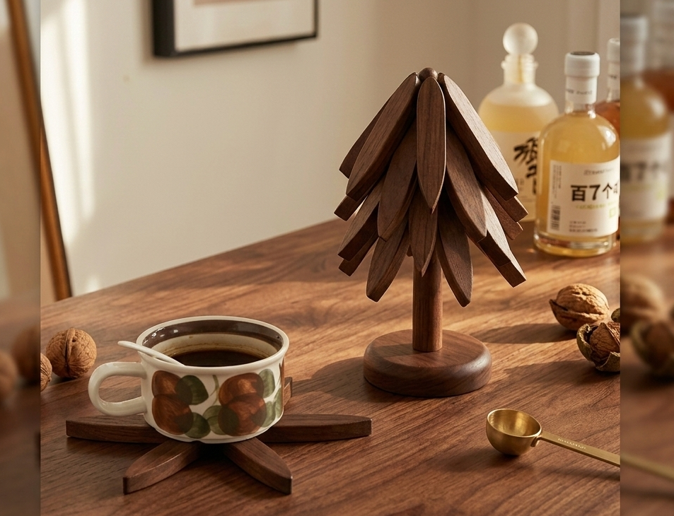 Walnut Wooden Tree Coaster Set with Stand
