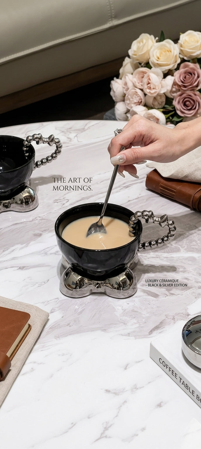 Luxury European Beaded Coffee Cup & Saucer Set