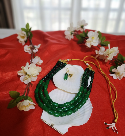 Emerald Green Multistrand Pearl Necklace with Earrings – Elegant Ethnic Jewelry Set