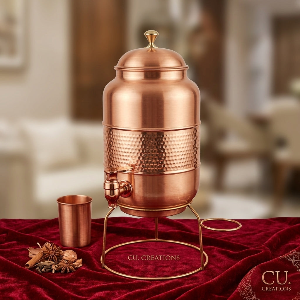 Pure Copper Hand Hammered Water Pitcher/dispensor with tap, & golden stand – 5 Litre