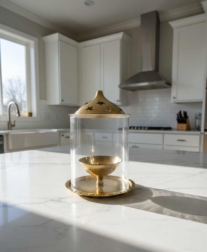 Brass Diya with Circular Glass Cover – Elegant Traditional Lamp