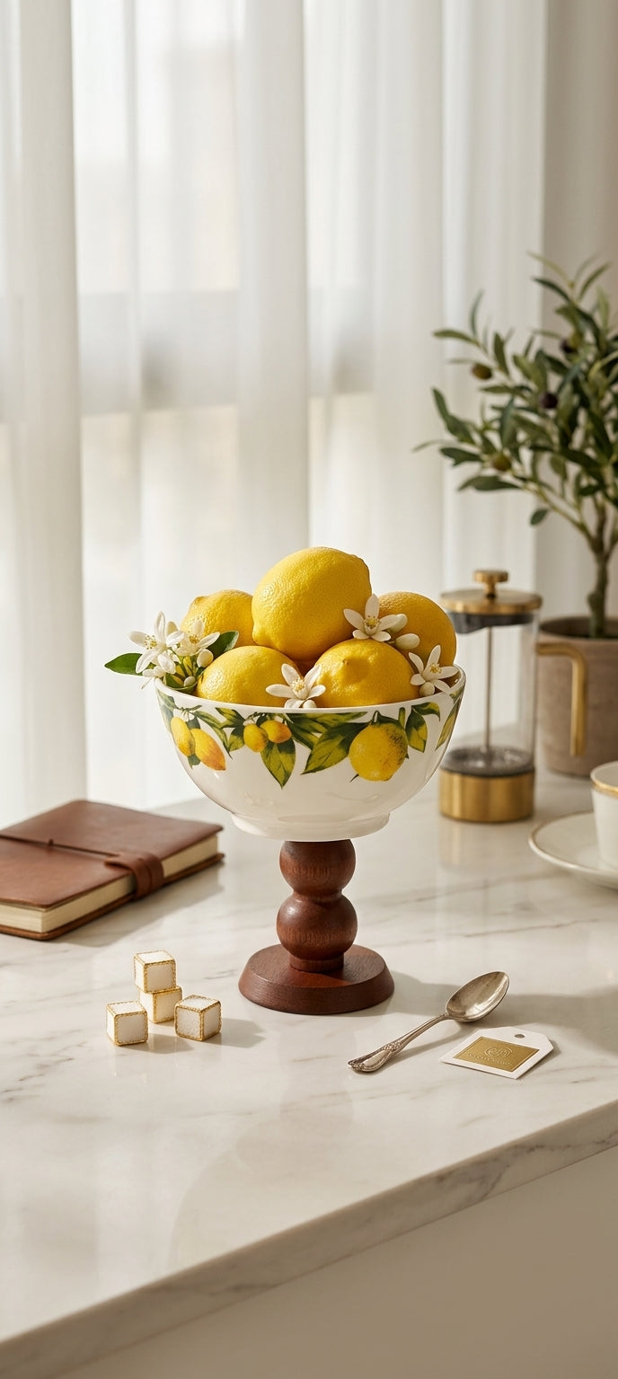 Lemon Grove Ceramic Plate & Bowl with Wooden Stand