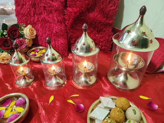 Brass Diya with Circular Glass Cover – Elegant Traditional Lamp