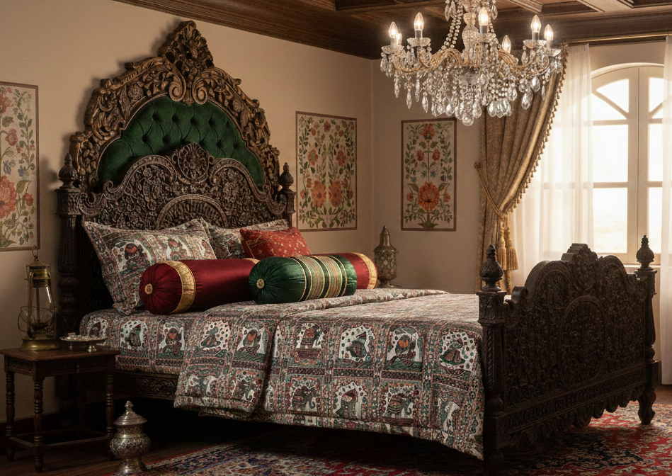 Regal Rhythms Handblock Printed Bedsheet with Cultural Dancers & Kings Motifs with 2 Pcs of Pillow Covers