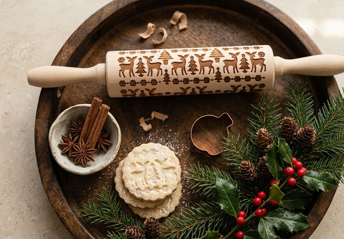 Wooden Embossed Rolling Pins – 3 Designs (Reindeer, Floral, Geometric)