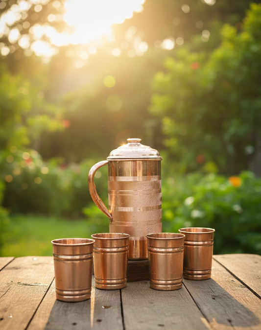 Copper Pitcher with Set of 4 Copper Glasses