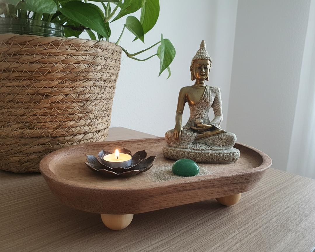 Wooden Meditation Incense Tray with Golden Buddha and Lotus bloom