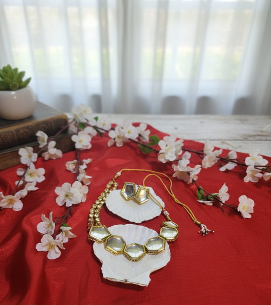 Handcrafted Mirror Kundan Necklace & Earrings Set – Elegant Traditional Jewelry