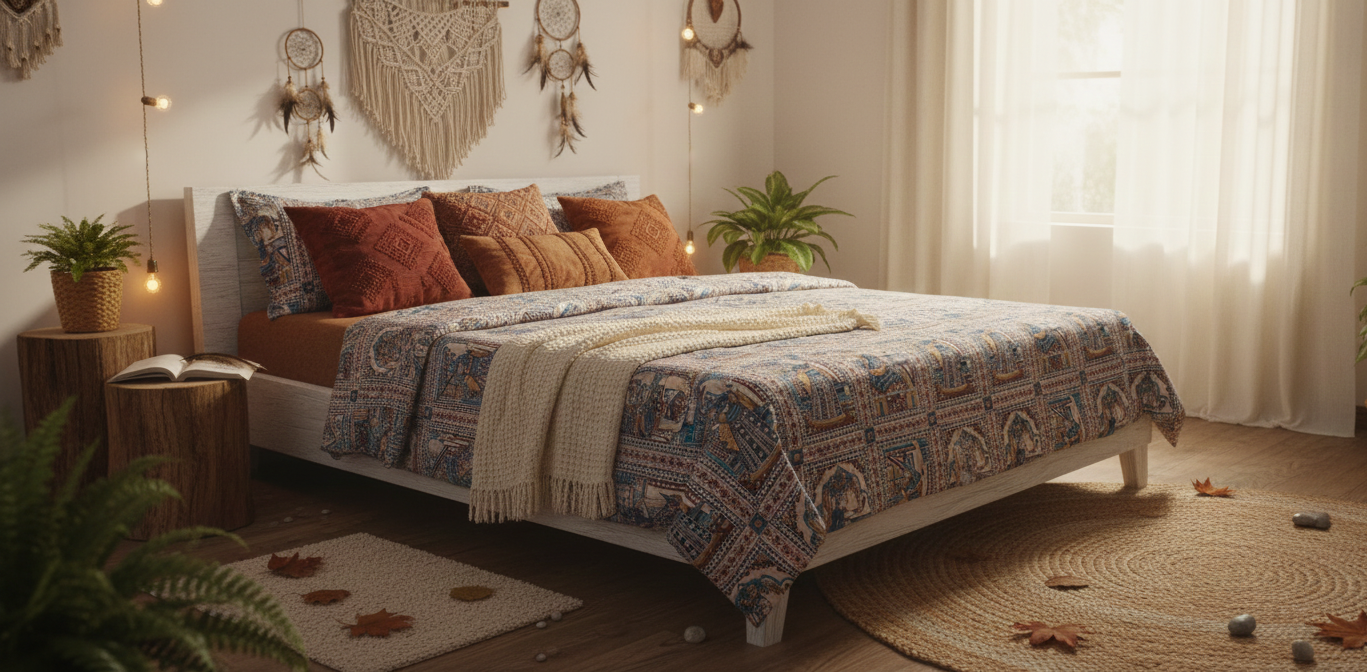 Regal Rhythms Handblock Printed Bedsheet with Cultural Dancers & Kings Motifs with 2 Pcs of Pillow Covers
