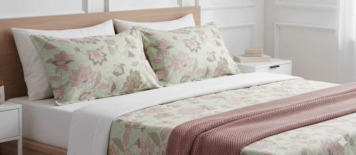 Pink lotus cotton club bedsheet Set wit 2 pairs of pillow covers