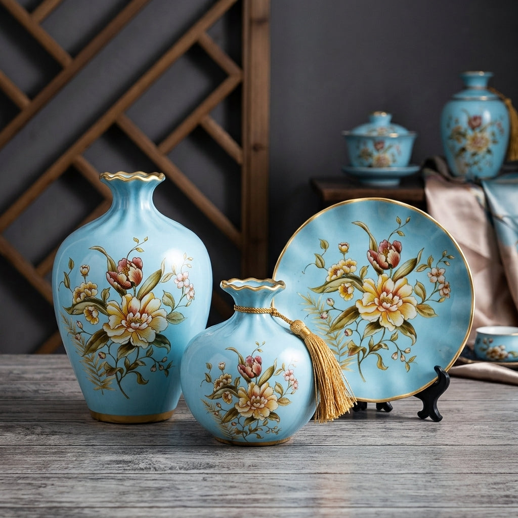 3-Pc Ceramic Vase & Decor Plate Set | Modern Home Decoration | Elegant Tabletop Vase Set | 3 Designs
