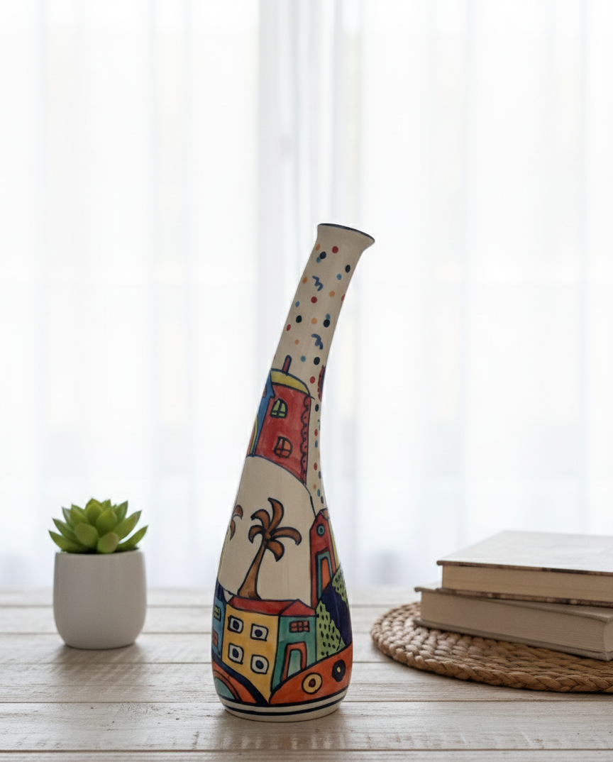 Vibrant Color Splash Hand-painted Angled Artistic Neck Vase