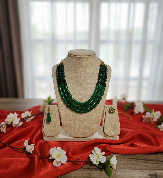 Emerald Green Multistrand Pearl Necklace with Earrings – Elegant Ethnic Jewelry Set