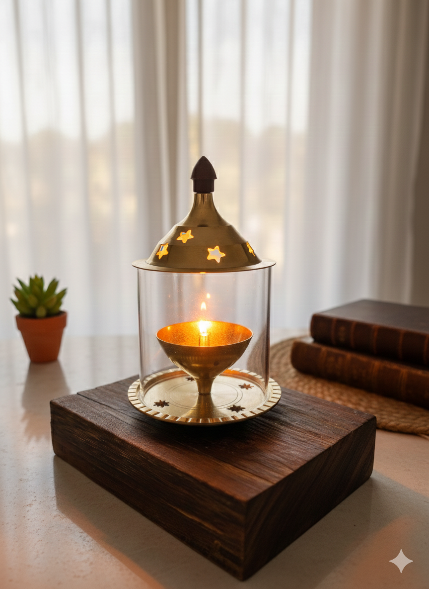 Brass Diya with Circular Glass Cover – Elegant Traditional Lamp