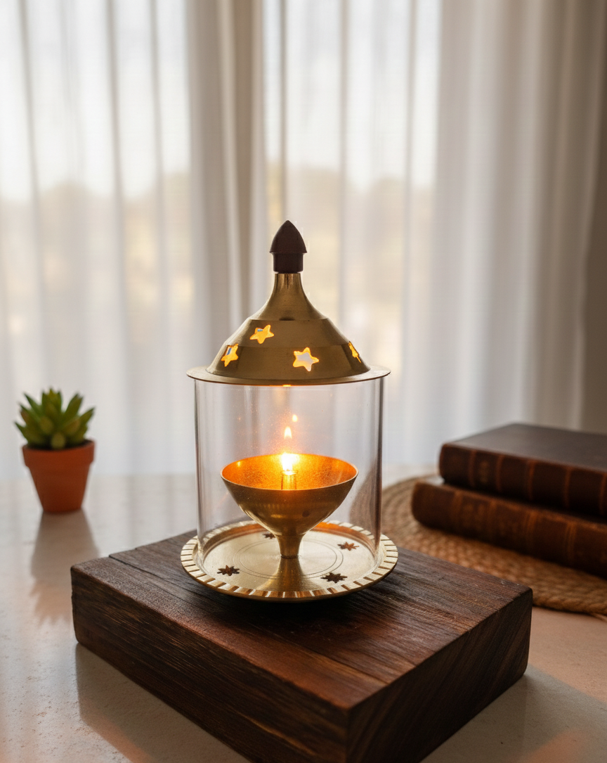 Brass Diya with Circular Glass Cover – Elegant Traditional Lamp
