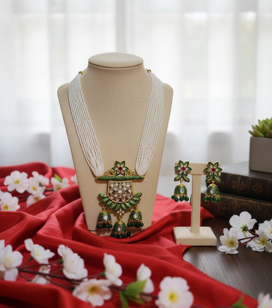 Green Kundan Meenakari & Pearl Long Necklace Set – HandcraftedJewelry