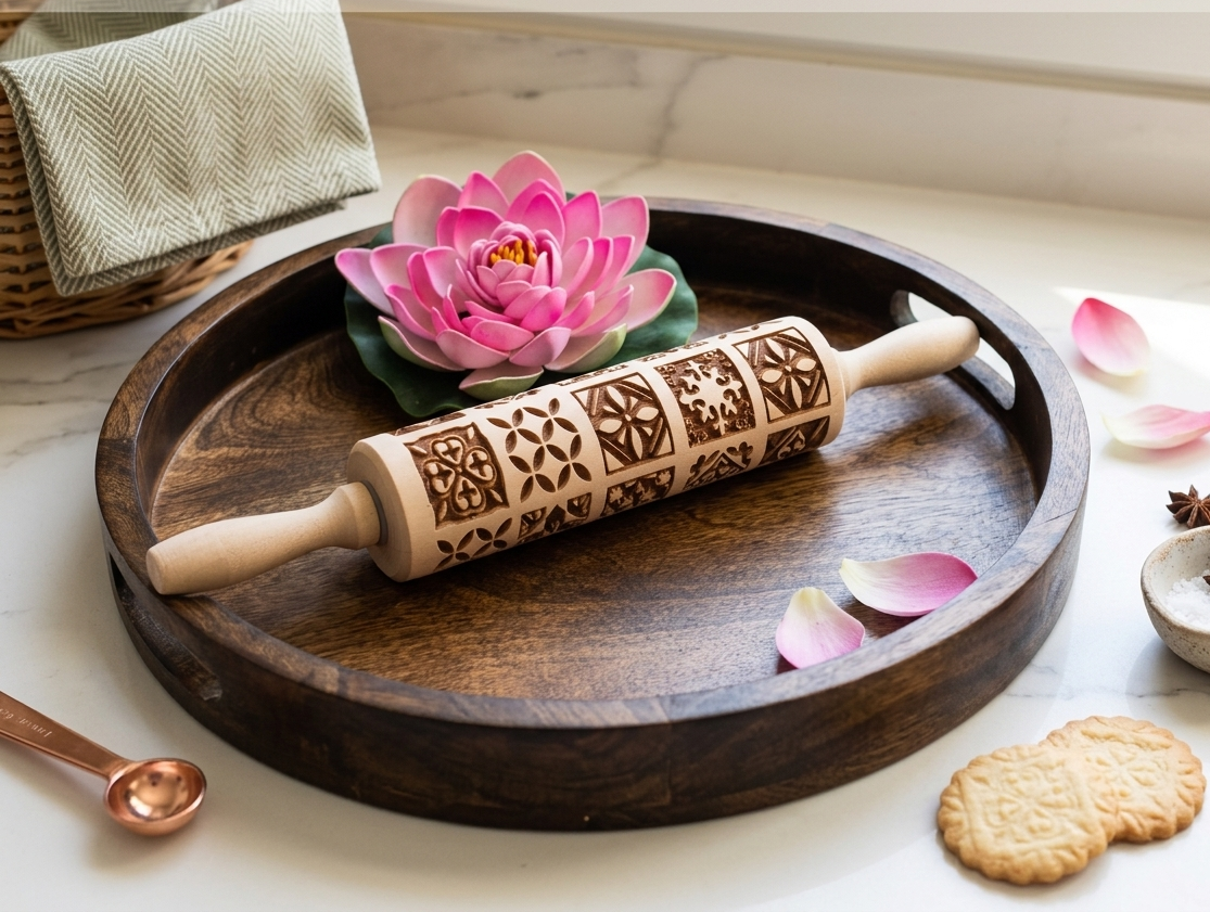 Wooden Embossed Rolling Pins – 3 Designs (Reindeer, Floral, Geometric)