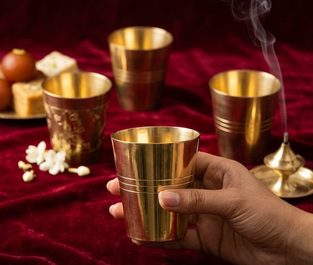 Small Brass Glasses with lining design-Set of 4