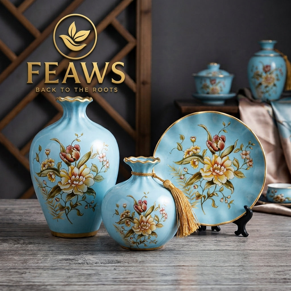 3-Pc Ceramic Vase & Decor Plate Set | Modern Home Decoration | Elegant Tabletop Vase Set | 3 Designs
