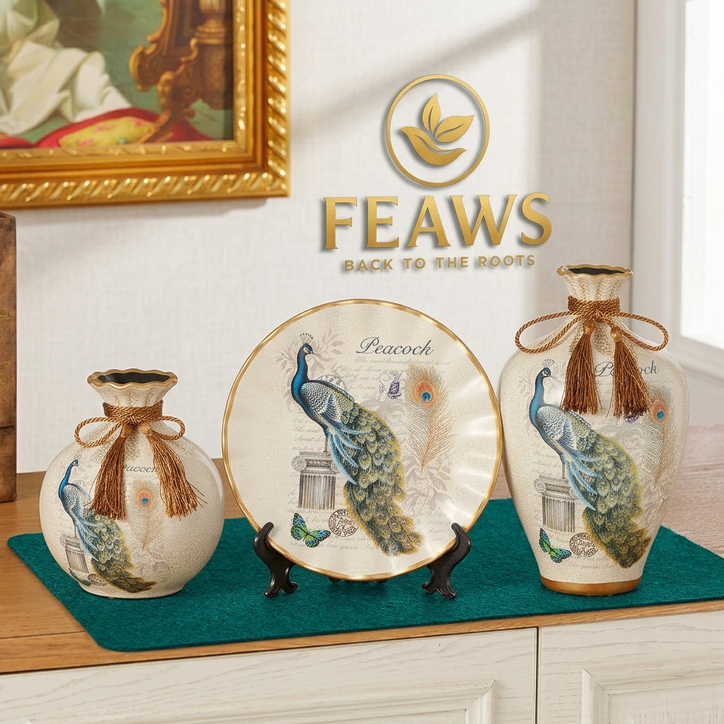 3-Pc Ceramic Vase & Decor Plate Set | Modern Home Decoration | Elegant Tabletop Vase Set | 3 Designs