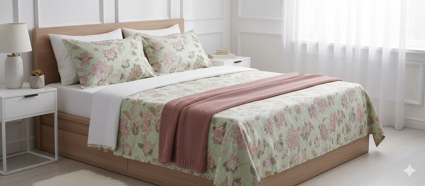 Pink lotus cotton club bedsheet Set wit 2 pairs of pillow covers