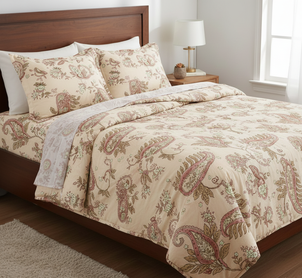 Sacred Lotus Pink Handblock Printed Quilted Comforter Set of 4 pcs– King Size