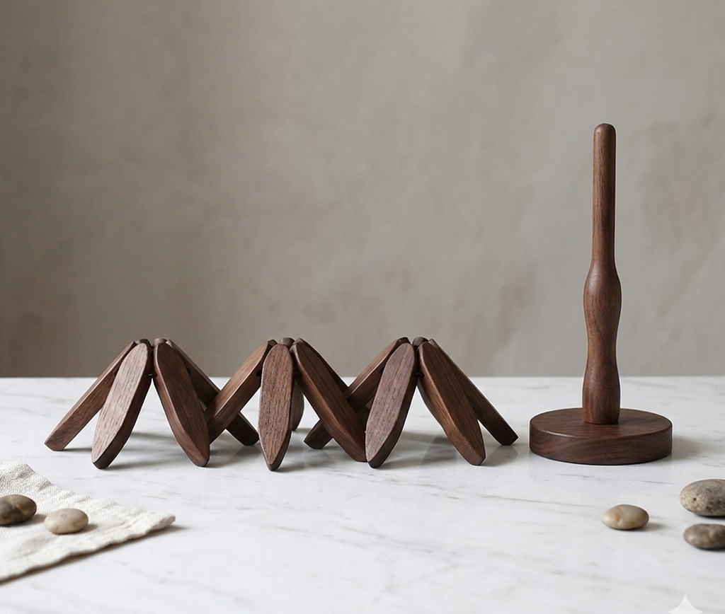 Walnut Wooden Tree Coaster Set with Stand