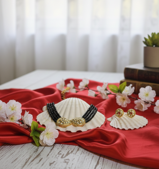 Dark Green Multilayered Small Beaded Necklace with Earrings: Elegant Jewelry Set