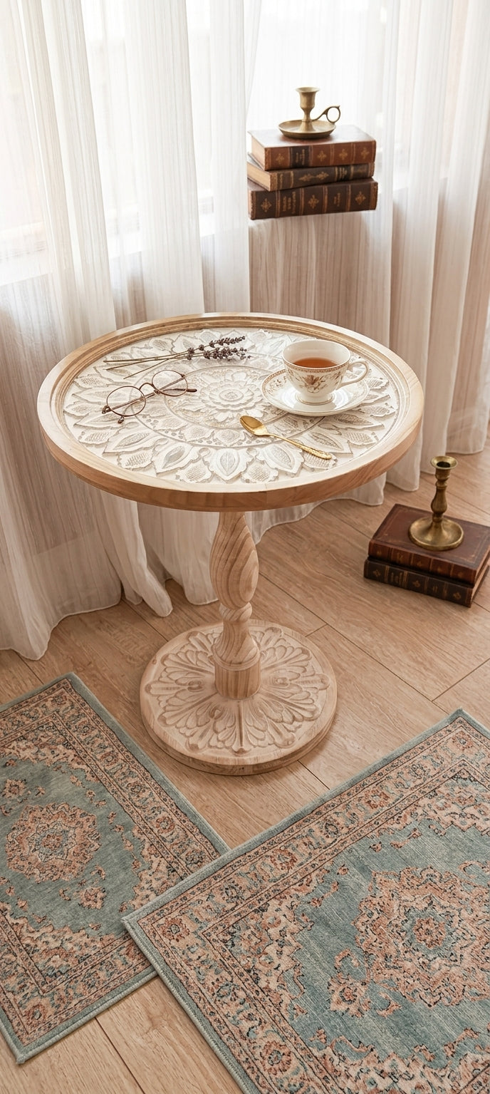 French Vintage Distressed Round Side Table – Carved Pine Wood Accent Table with Tempered Glass