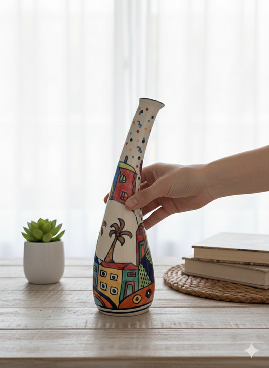 Vibrant Color Splash Hand-painted Angled Artistic Neck Vase