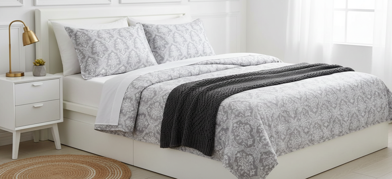 Modern Silver Ornamental Bedsheet Set with 2 Pillow Covers