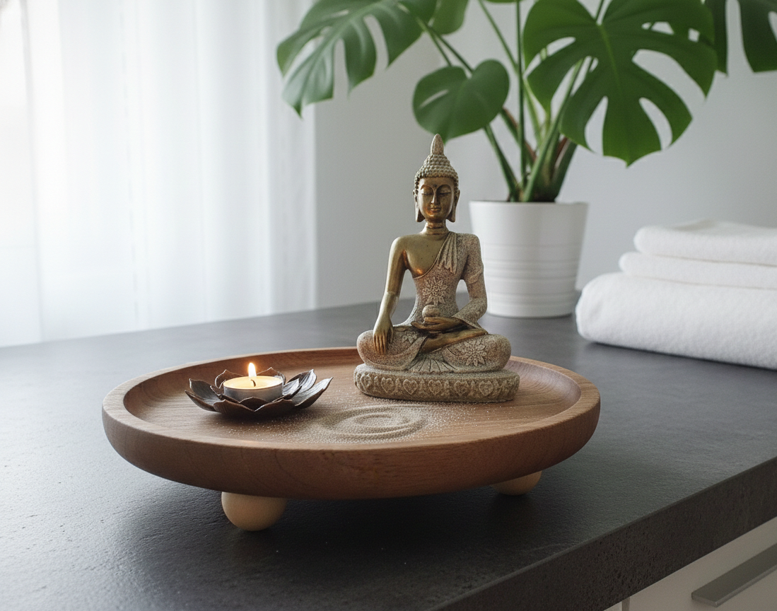 Wooden Meditation Incense Tray with Golden Buddha and Lotus bloom