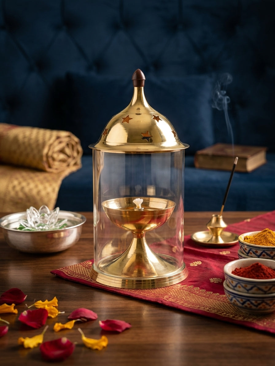 Brass Diya with Circular Glass Cover – Elegant Traditional Lamp