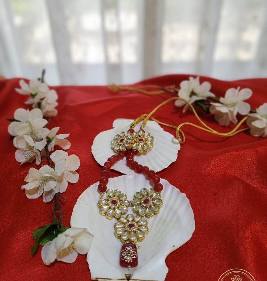 Handcrafted Kundan Necklace with Ruby Beads & Earrings Set-Elegant Traditional Jewelry