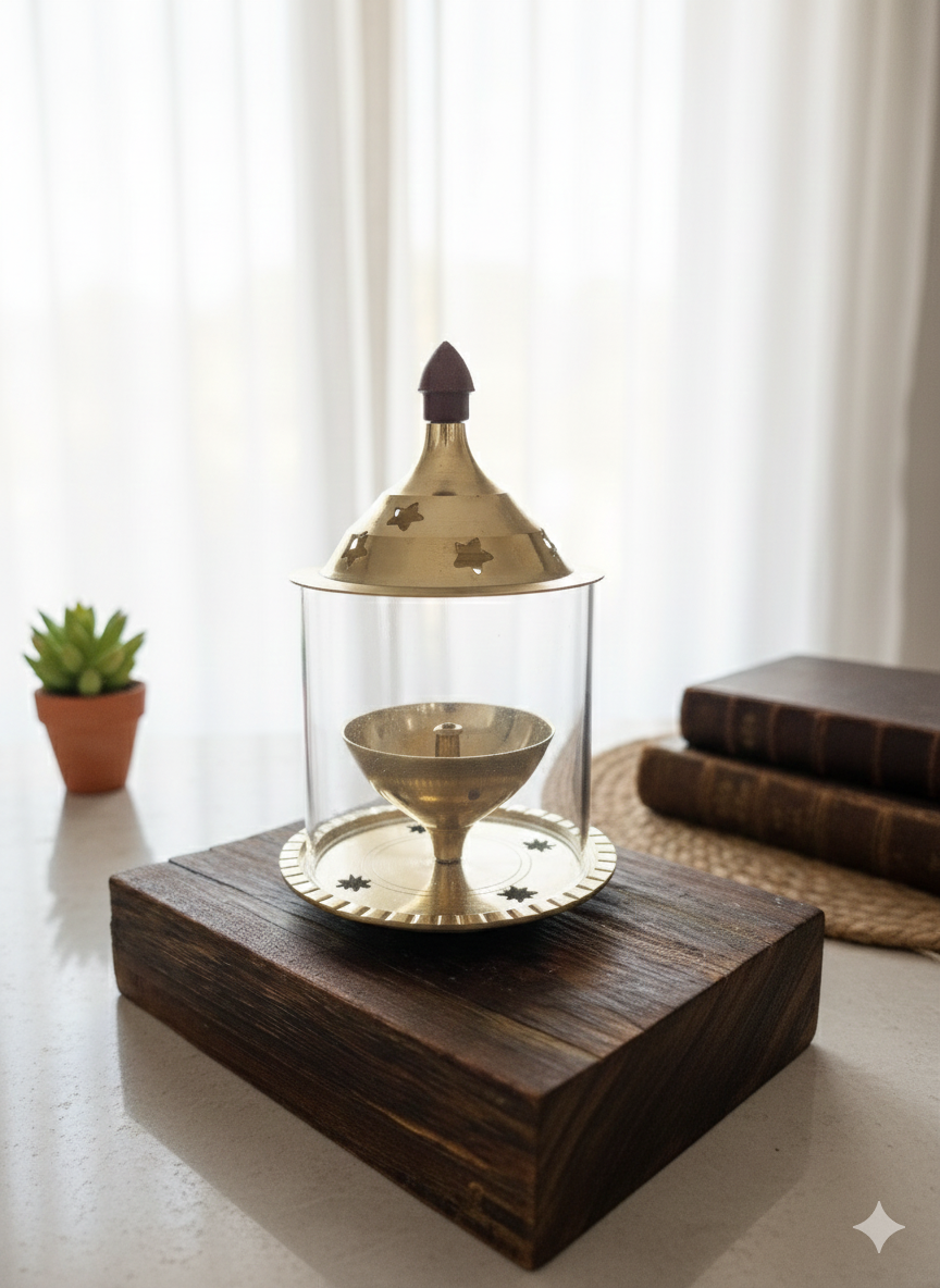 Brass Diya with Circular Glass Cover – Elegant Traditional Lamp
