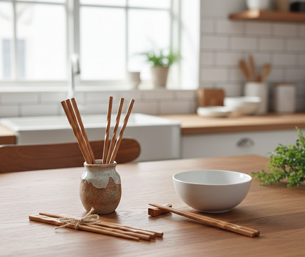 Natural Bamboo Chopsticks Set of 5 Pairs – Chinese Style Pointed Tableware for Kitchen & Dining