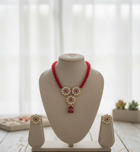 Handcrafted Kundan Necklace with Ruby Beads & Earrings Set-Elegant Traditional Jewelry